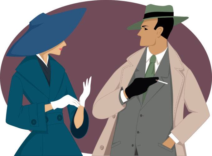 Stylized drawing of 50's era man and woman interacting