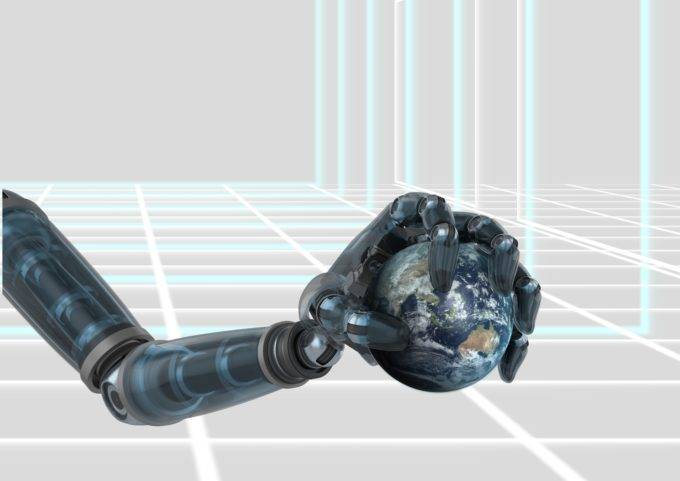 3D graphic of robotic hand gripping the Earth like a ball