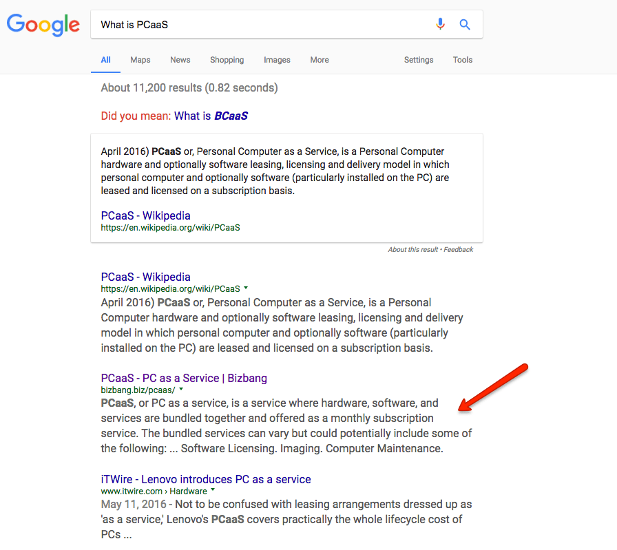 Page one search result for Bizbang PCaaS10