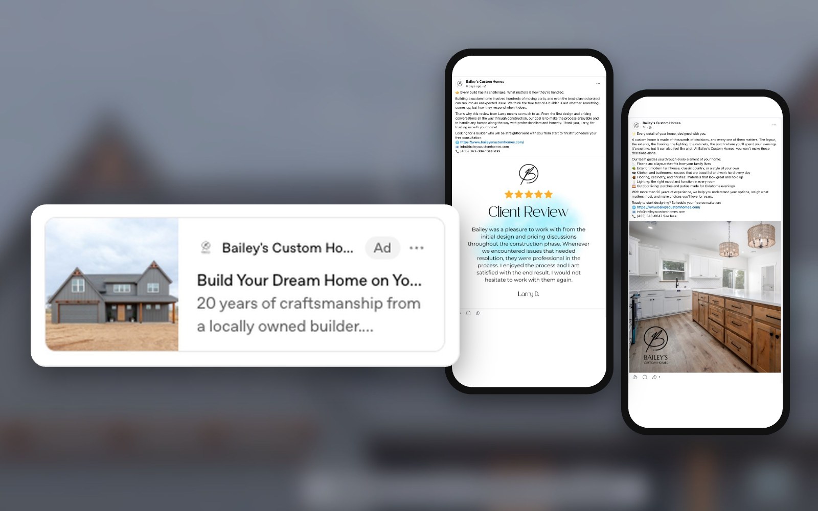 Bailey's Custom Homes ChatGPT ad and Facebook posts on phones