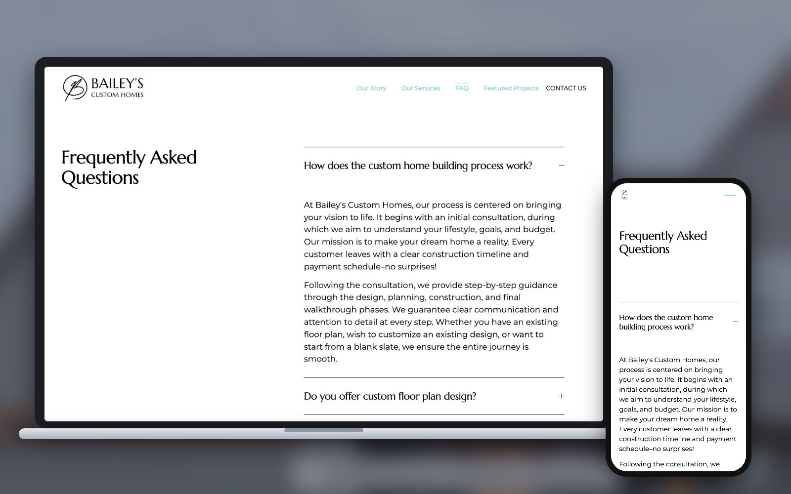 Bailey's Custom Homes FAQ page on laptop and phone