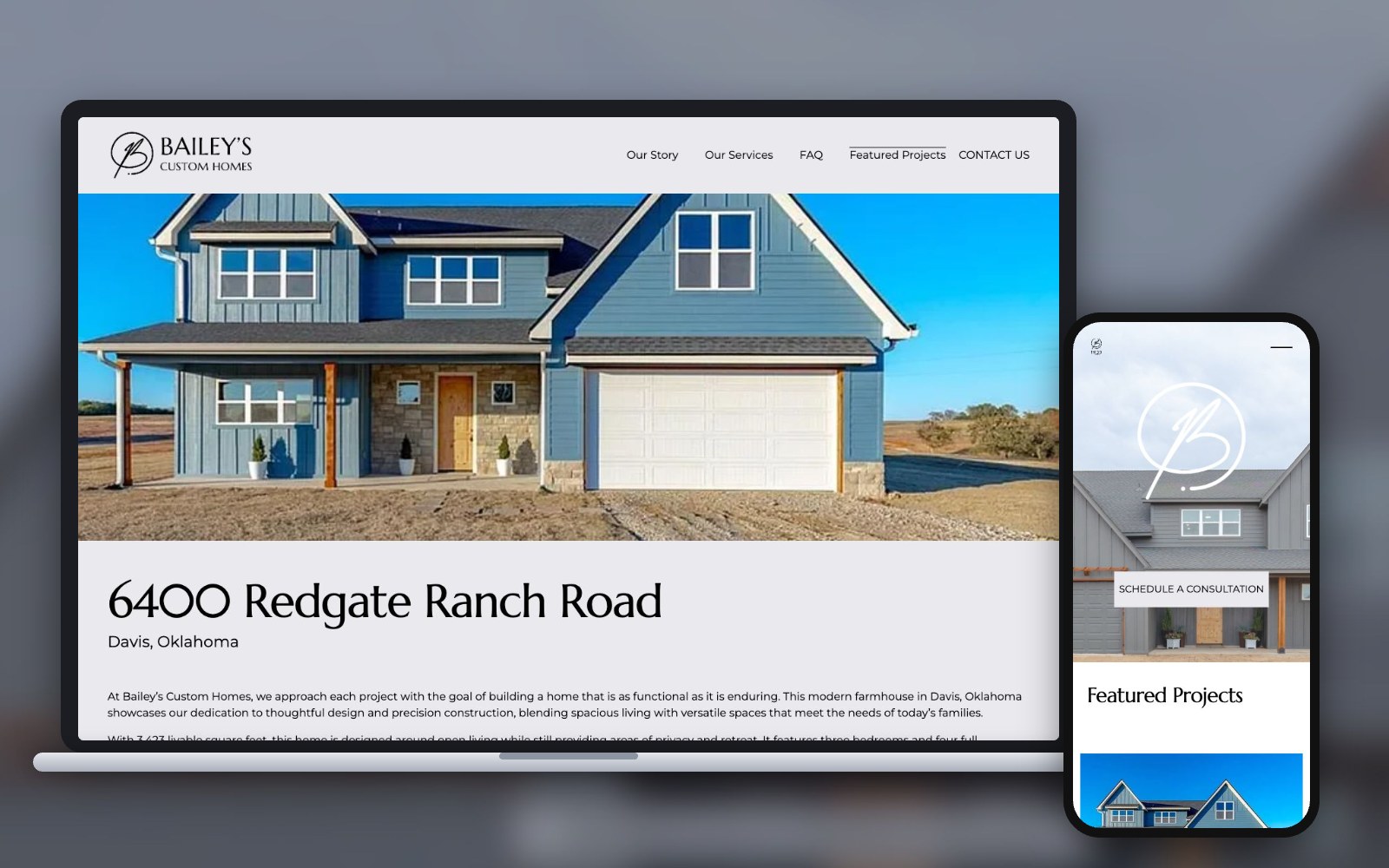 Bailey's Custom Homes project page on laptop and home page on phone