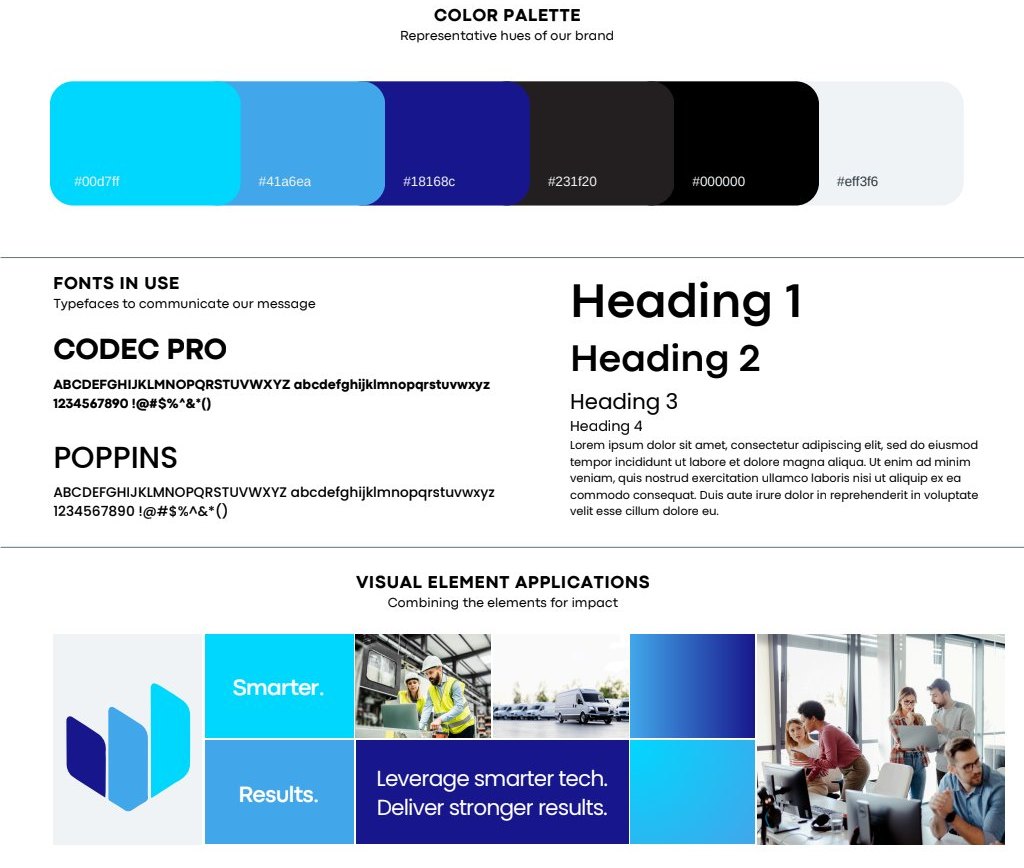 Levetech brand board with color palette, fonts and visual applications