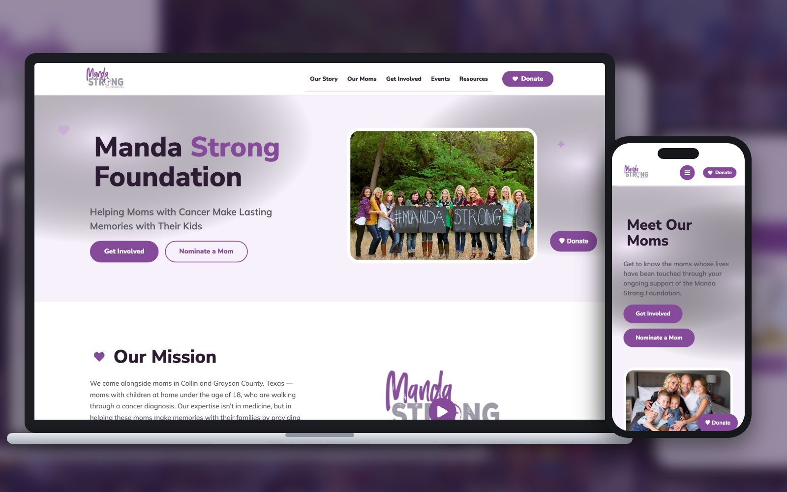 Manda Strong Foundation home page on laptop and Our Moms page on mobile