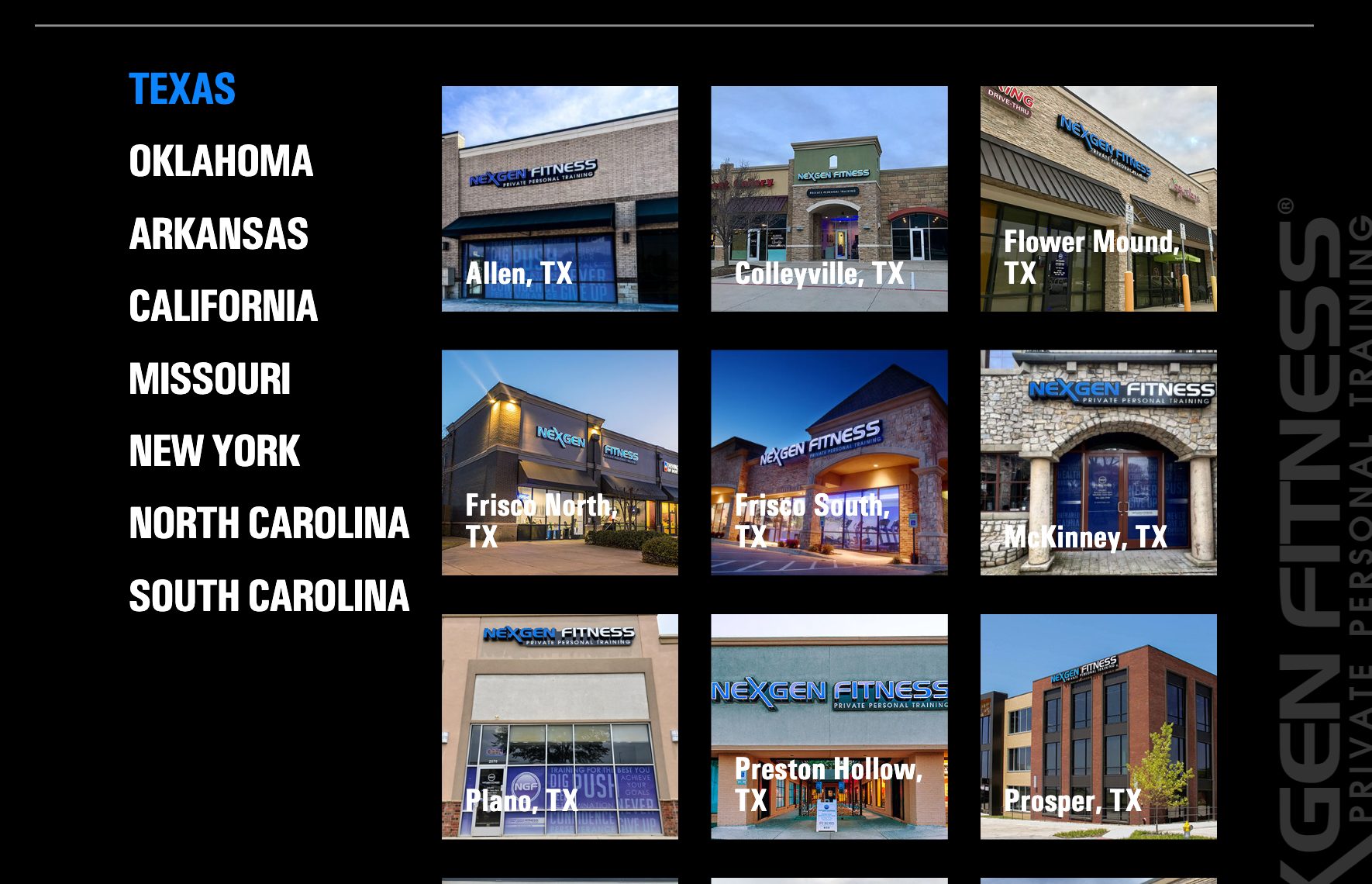 NexGen Fitness locations page showing studio storefronts across Texas