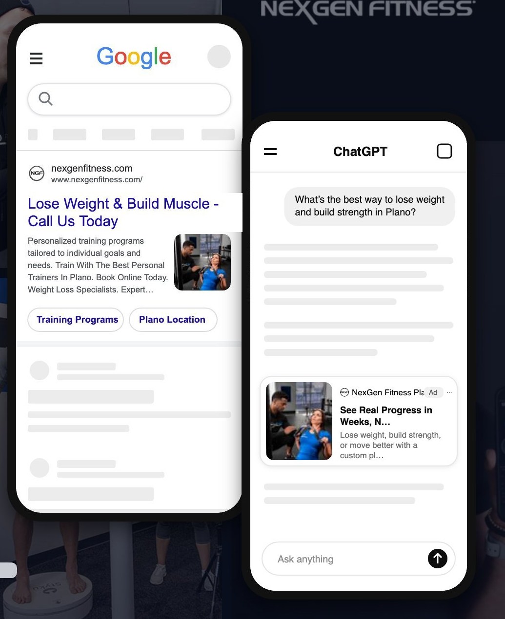 NexGen Fitness Google search ad and ChatGPT ad