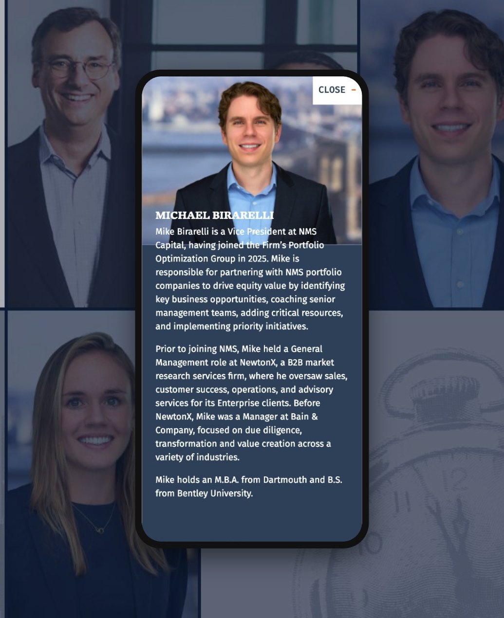 NMS Capital team member bio popup on a phone
