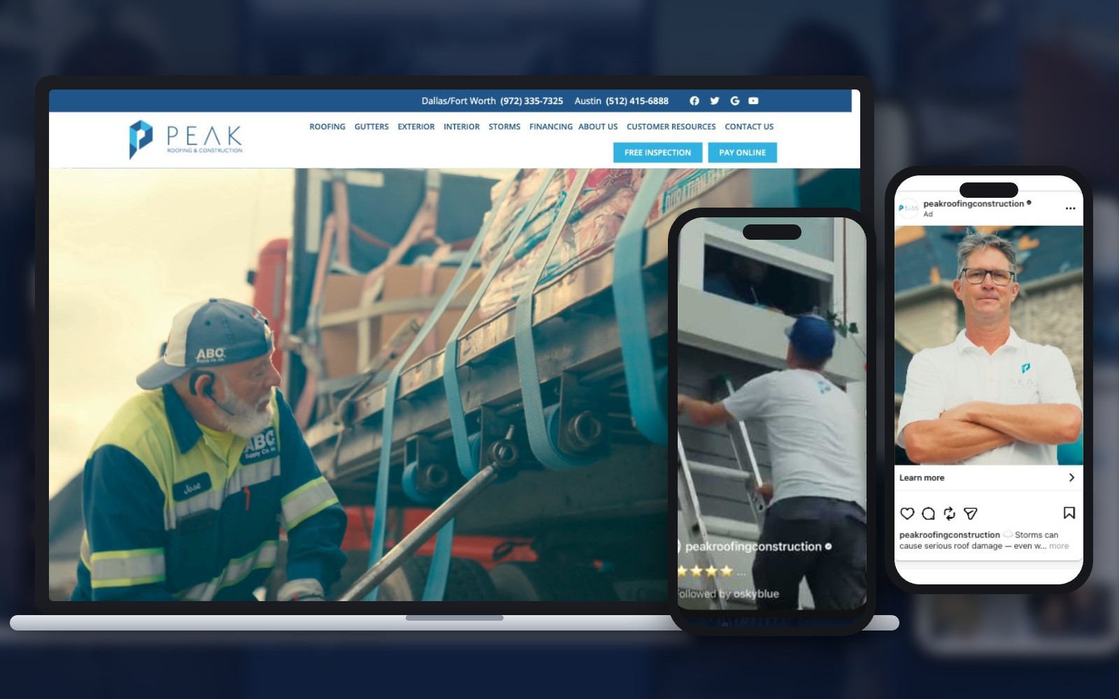 Peak Roofing & Construction website hero video on laptop with Instagram reel and ad on mobile