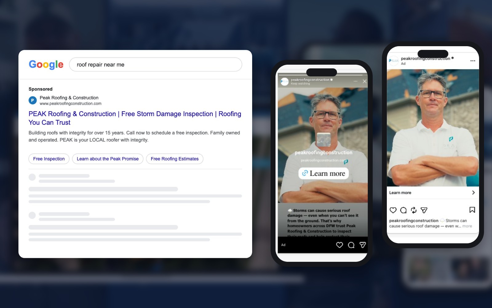 Peak Roofing & Construction Google search ad and Instagram ads