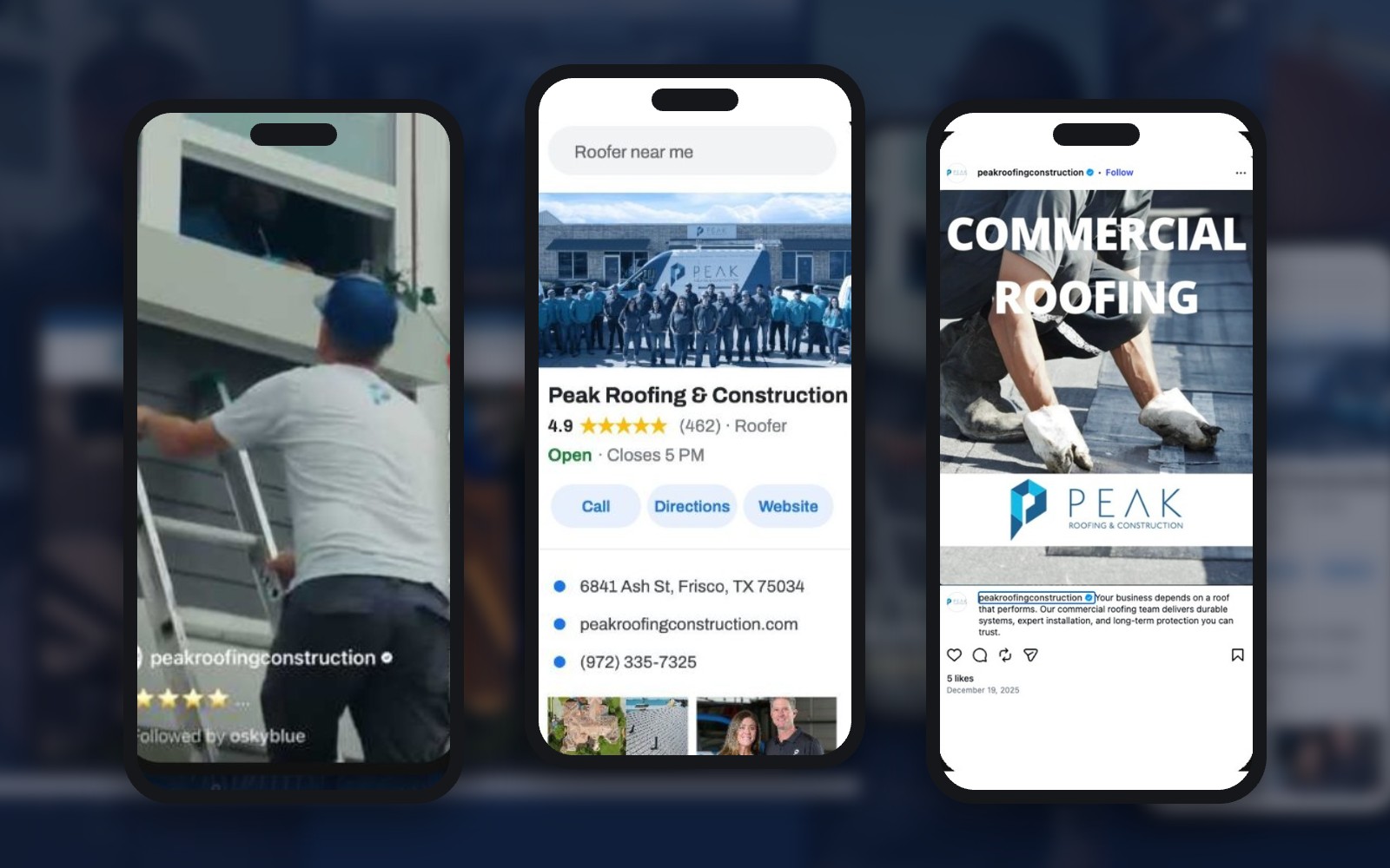 Peak Roofing & Construction Instagram reel, Google Business Profile, and commercial roofing post on mobile