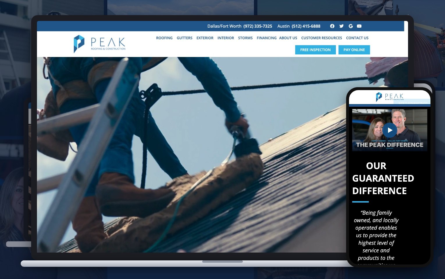 The Peak Roofing & Construction website on laptop and mobile