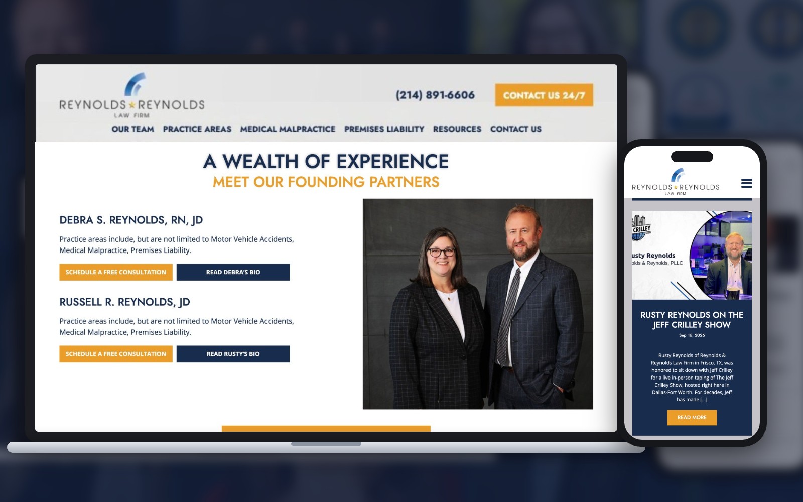 Reynolds & Reynolds Law Firm founding partners section of their website on laptop with Rusty Reynolds on the Jeff Crilley Show news post on mobile