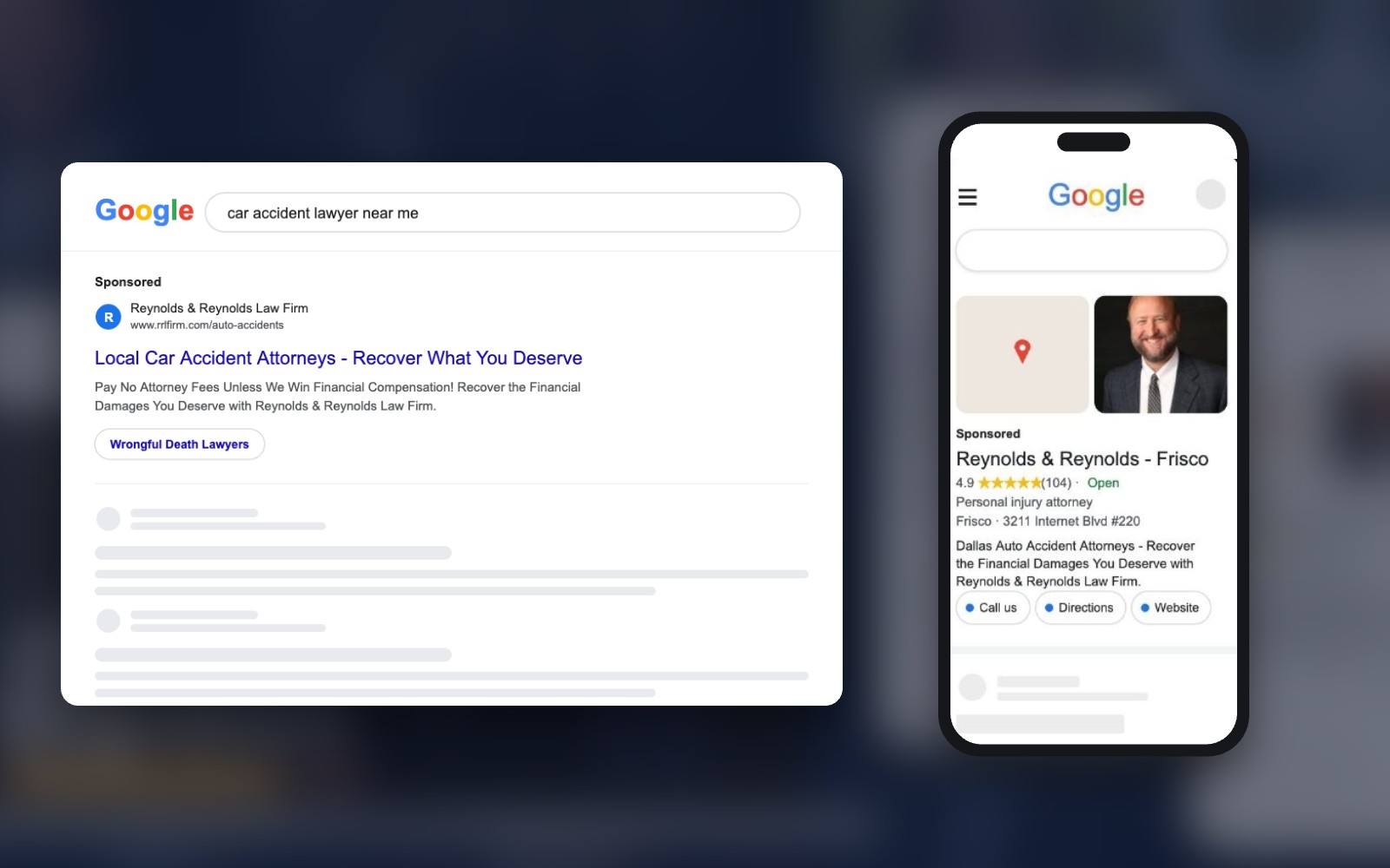 Reynolds & Reynolds Google search ad on desktop and Google Maps ad on mobile