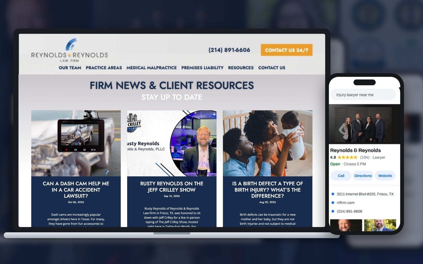 Reynolds & Reynolds firm news and resources on laptop with Google Business Profile on mobile