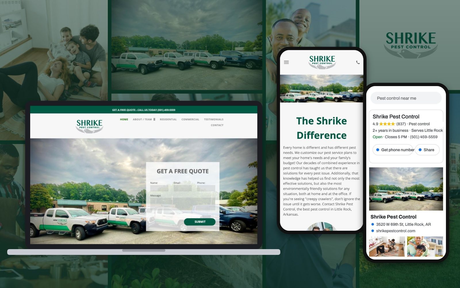 The Shrike Pest Control website on laptop and phones