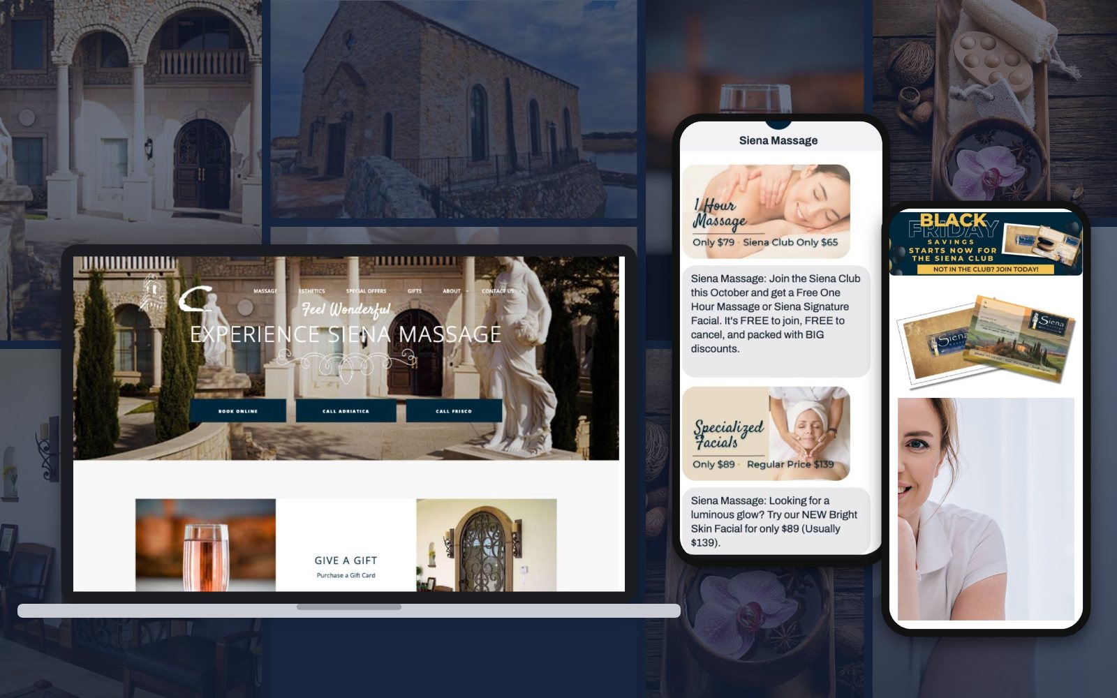 The Siena Massage website on laptop and phones