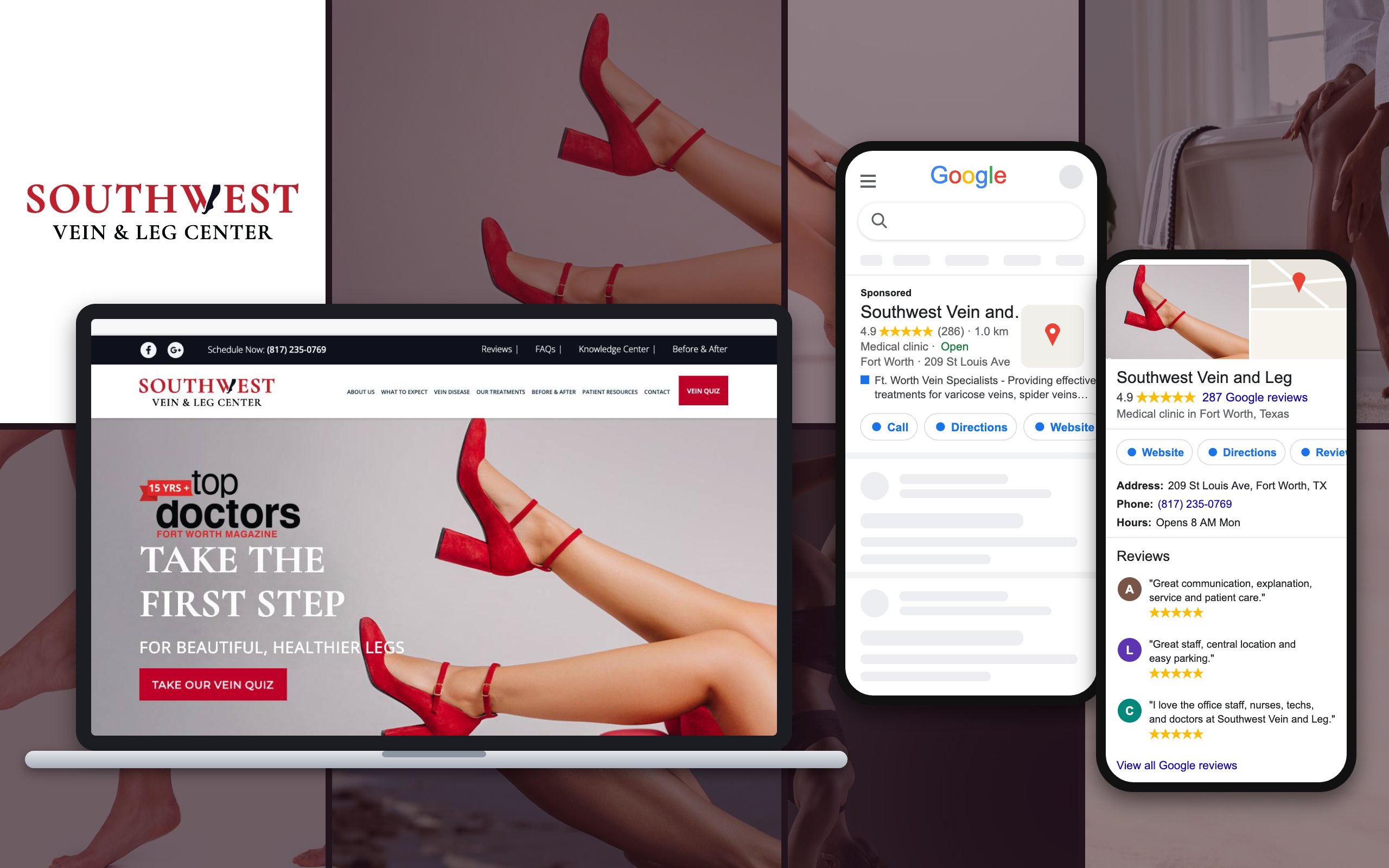 Southwest Vein & Leg website, Google ad and Google Business Profile