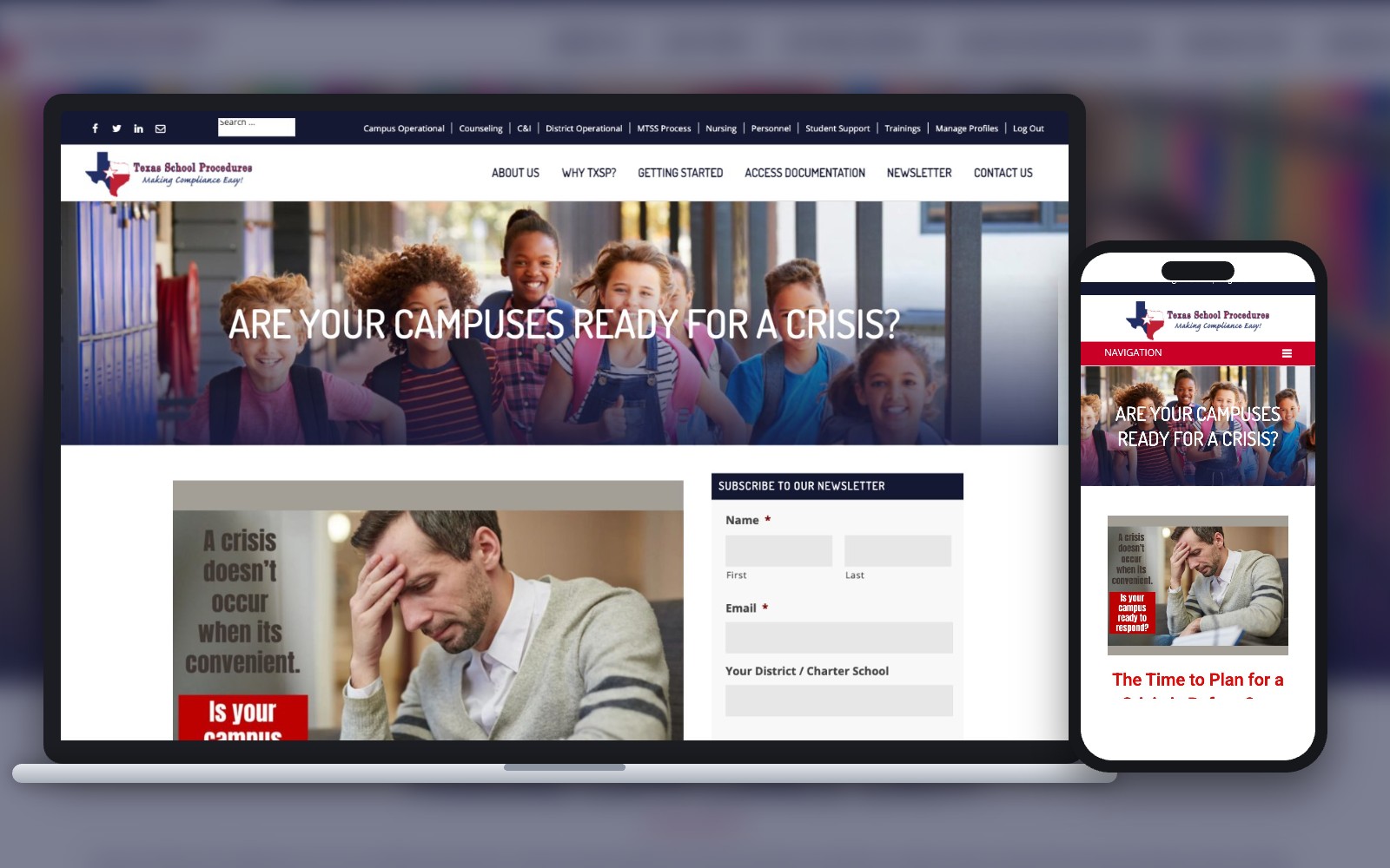 Texas School Procedures crisis planning page for school districts on laptop and phone