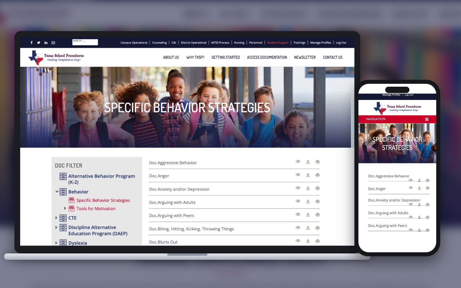 Texas School Procedures document library as a district subscriber sees it, on laptop and phone