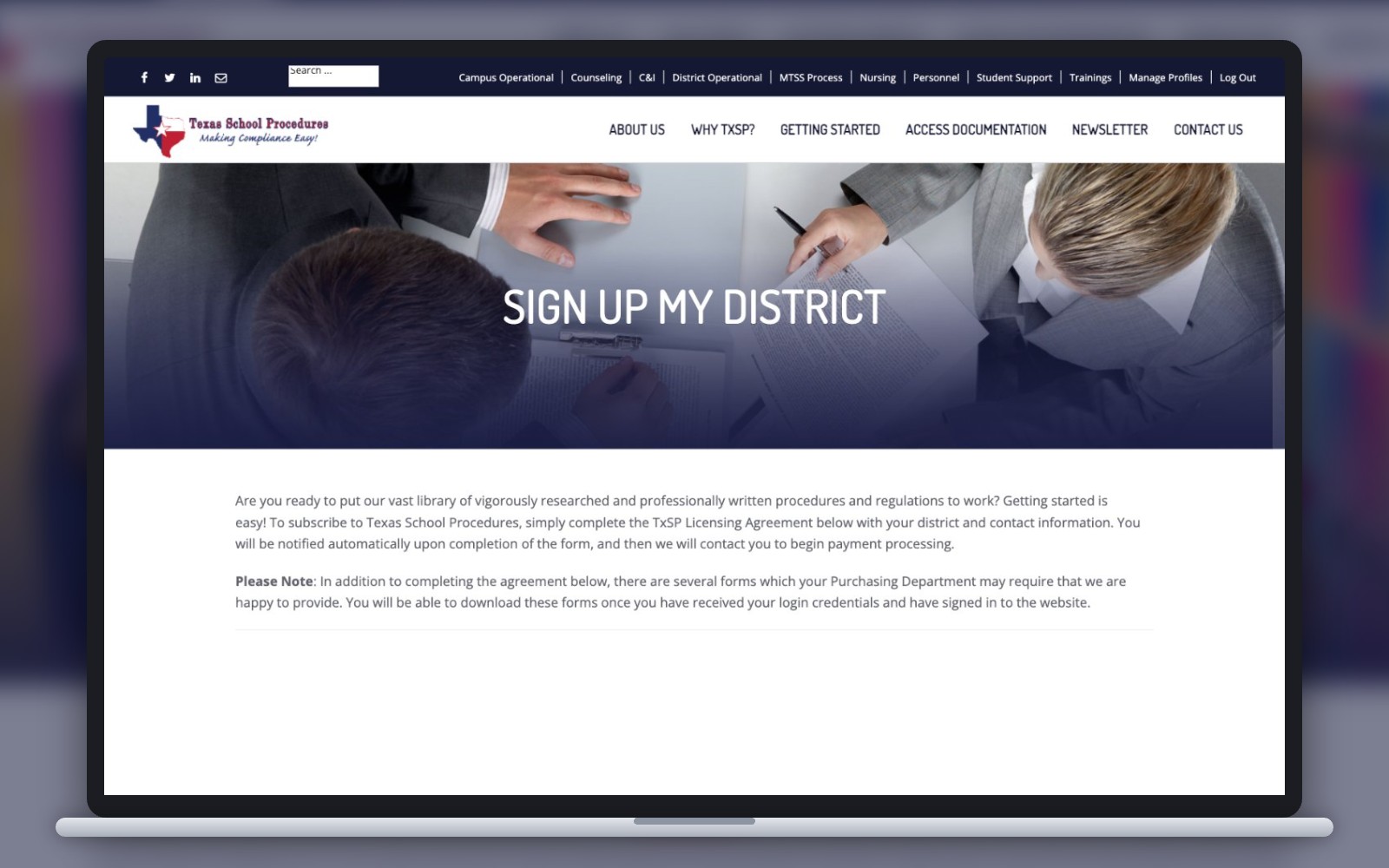 Texas School Procedures Sign Up My District page on laptop