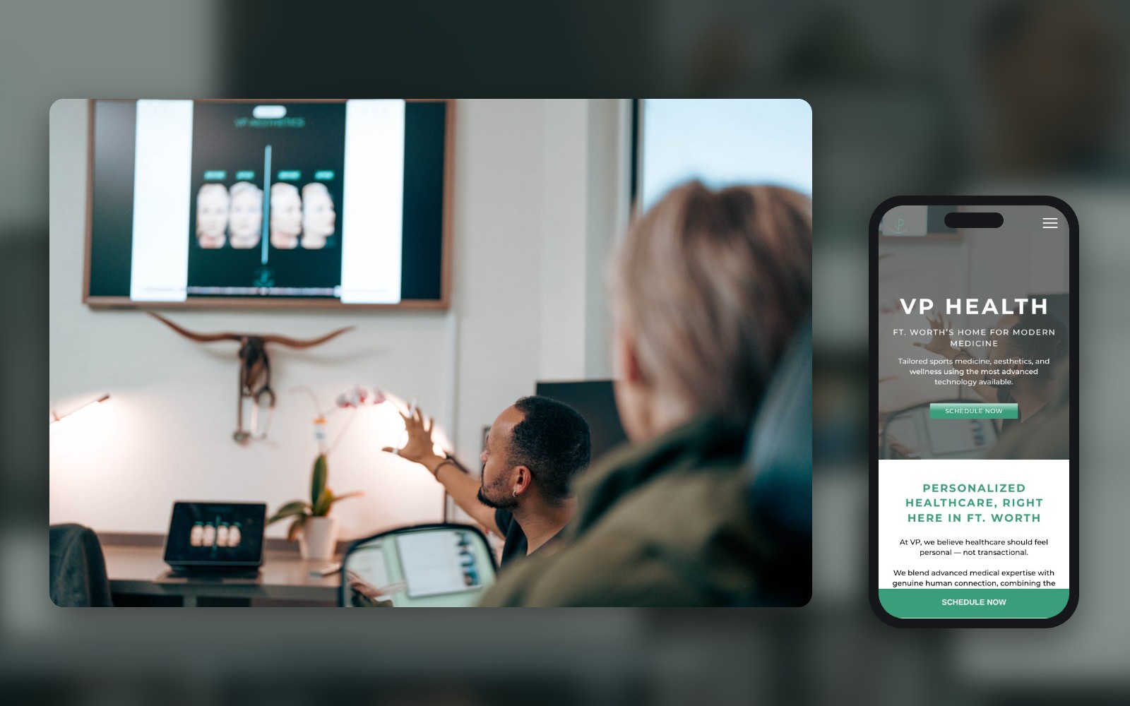VP Health team with a patient and the new VP Health mobile home page
