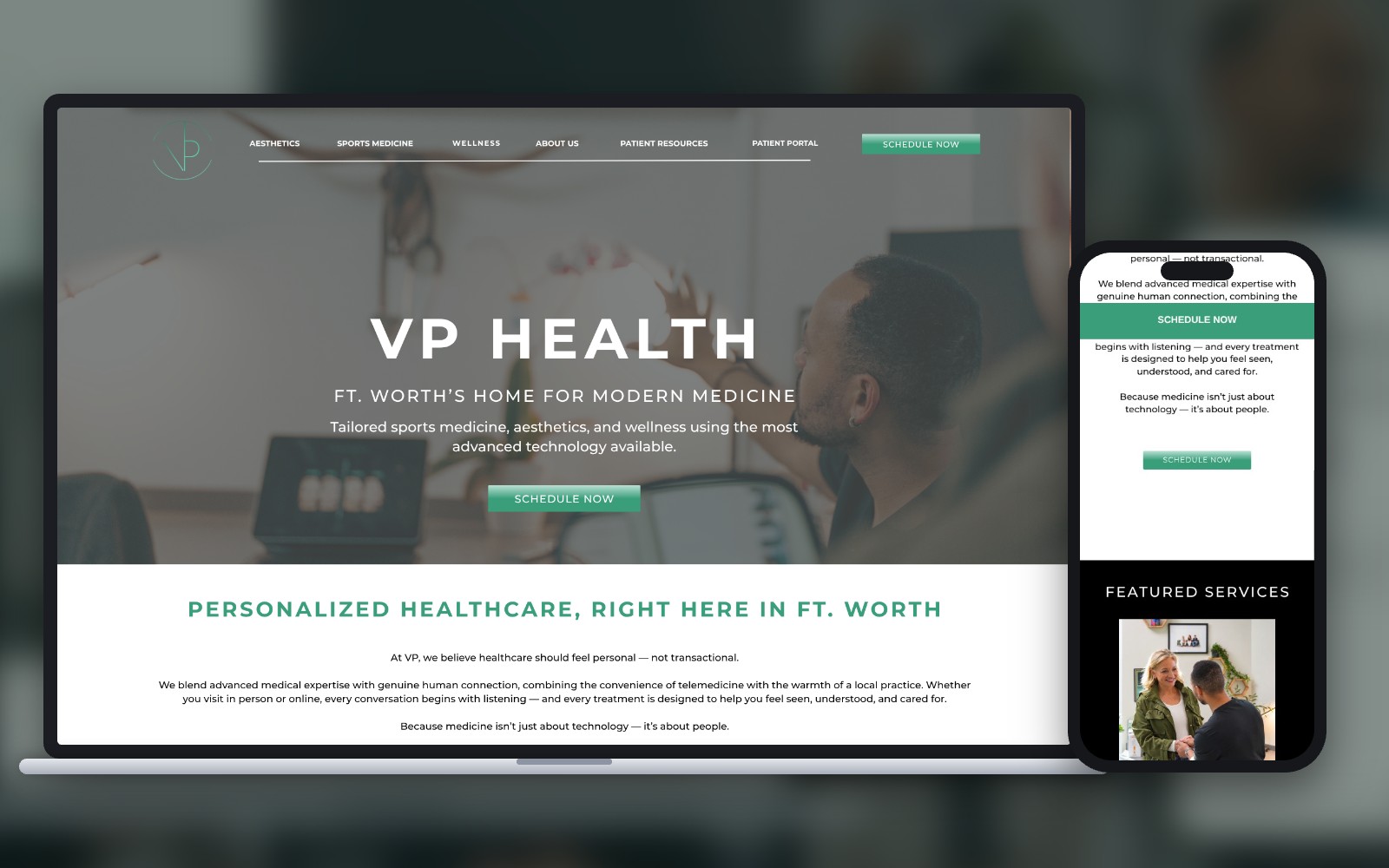 VP Health home page design on laptop and phone