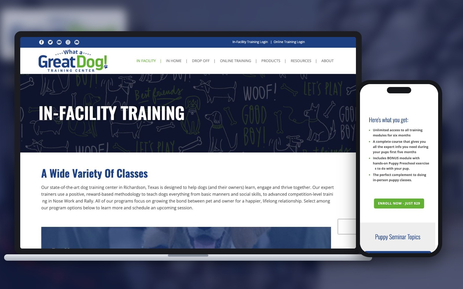 What a Great Dog! in-facility training page on laptop and online puppy seminar on phone