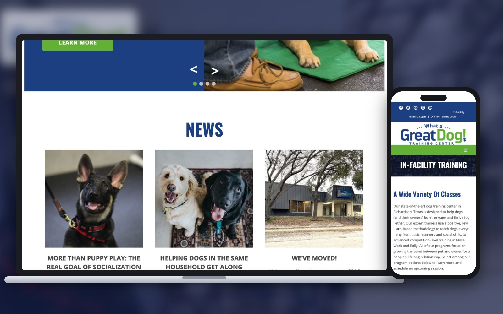 What a Great Dog! news section on laptop and in-facility training page on phone